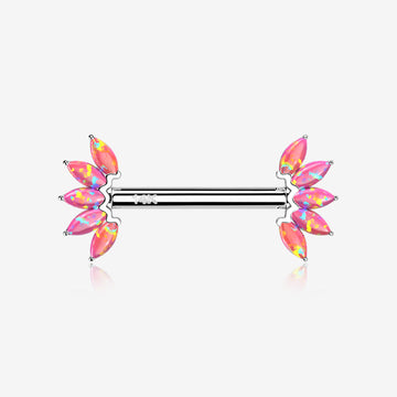 A Pair of 14 Karat White Gold OneFit Threadless Marquise Fire Opal Floral Nipple Barbell-Pink Opal